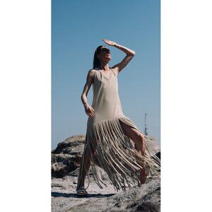 Adriana Degreas Tricot Fringe Maxi Dress Beige Womens Size Large